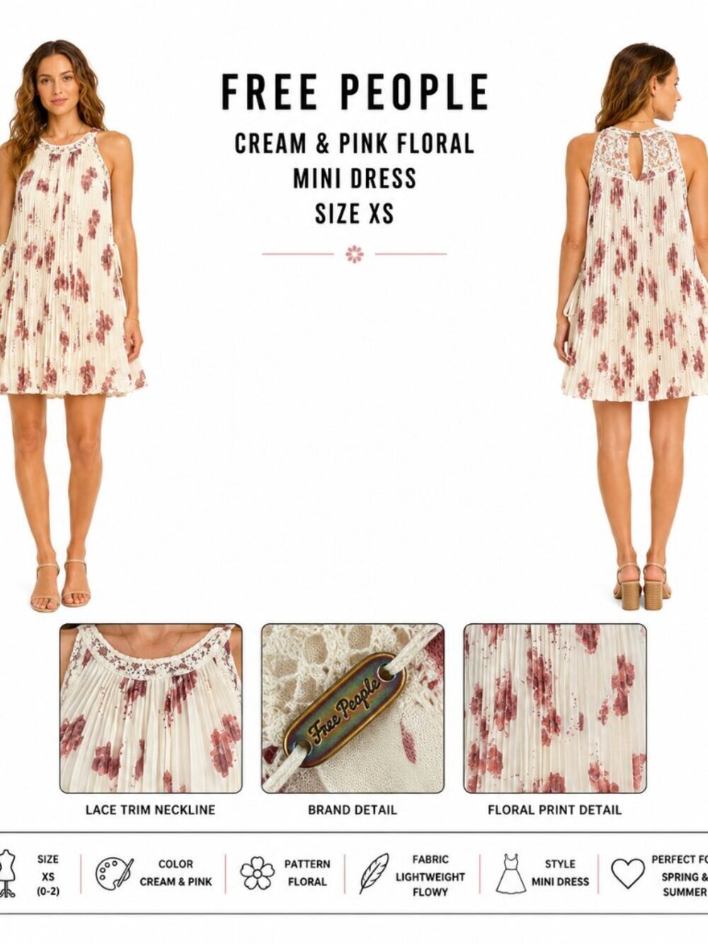 FREE PEOPLE CREAM PINK FLORAL PLEATED MINI DRESS XS